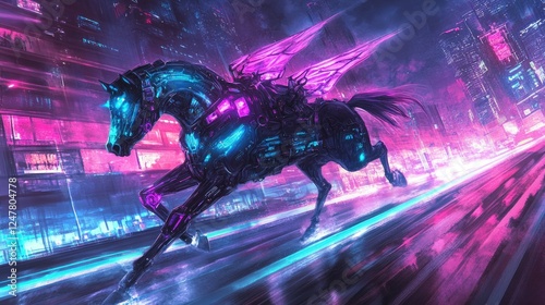 Futuristic robotic horse with wings runs through a vibrant neon city street at night.