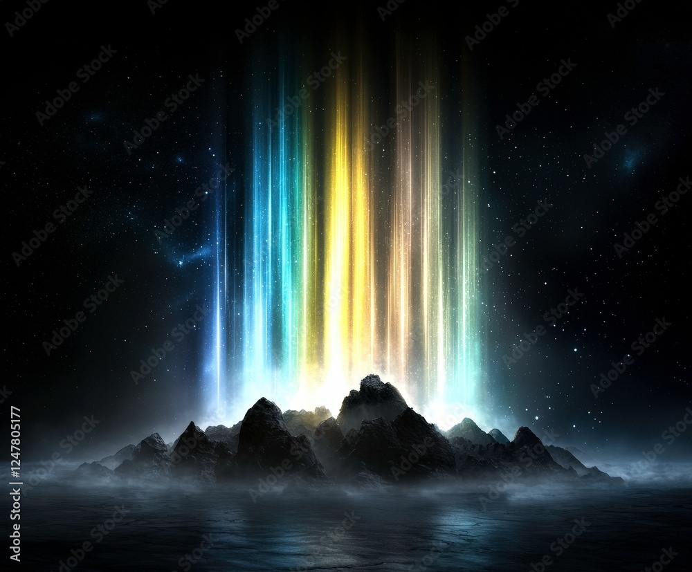 Naklejka premium Illuminating natural phenomenon enchanted island digital artwork ethereal environment surreal viewpoint fantasy concept