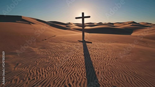 A solitary wooden cross stands on sandy dunes as the sun sets on the horizon. The golden light creates long shadows across the textured landscape, enhancing the serene atmosphere.