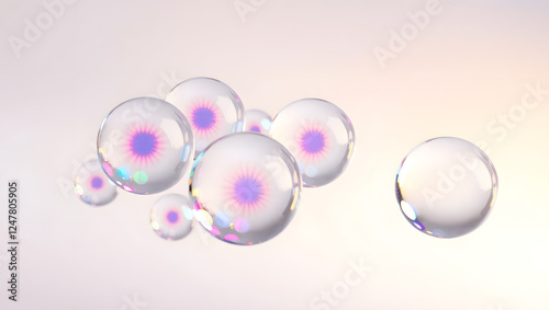 futuristic composition of multiple transparent glass spheres floating in a soft gradient background
