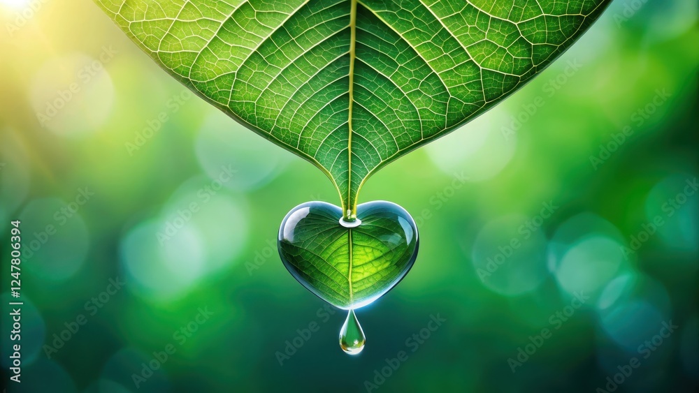 Fototapeta premium A heart-shaped water droplet reflecting a leaf, suspended from a verdant leaf's delicate vein structure, symbolizes environmental harmony and the interconnectedness of nature's life-giving elements.