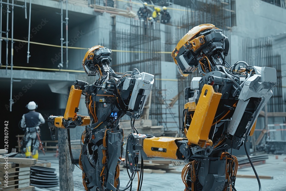 Fototapeta premium State-of-the-art construction site where robotic exoskeletons handle dangerous tasks.
