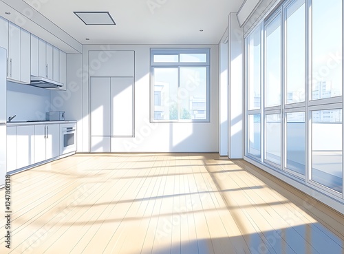 Wallpaper Mural Front view of an empty room with white walls and light wood flooring, large windows on the right side showing the outside, a small kitchenette in front,  Torontodigital.ca