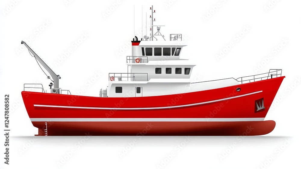 Fototapeta premium Red Commercial Fishing Vessel Ocean Trawler Boat Ship Maritime Industry