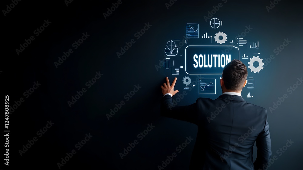 Business professional analyzing data solutions on a dark background with graphics and charts Business professional analyzing data solutions on a dark background with graphics and charts