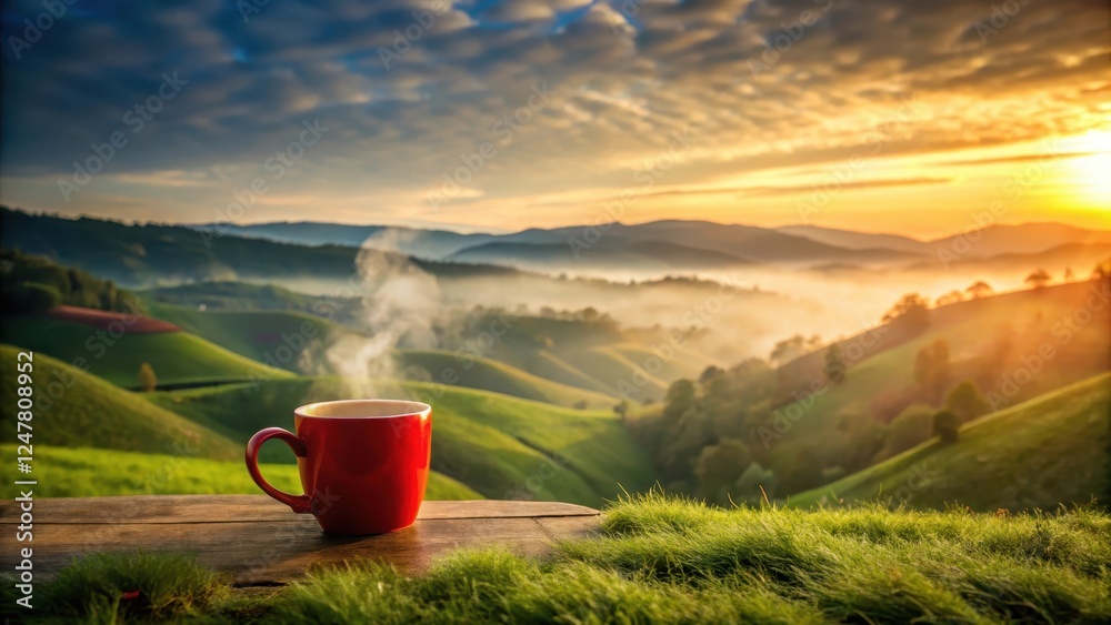 Obraz premium Serene Sunrise A Warm Beverage Enjoyed Amidst Rolling Hills and Misty Valleys