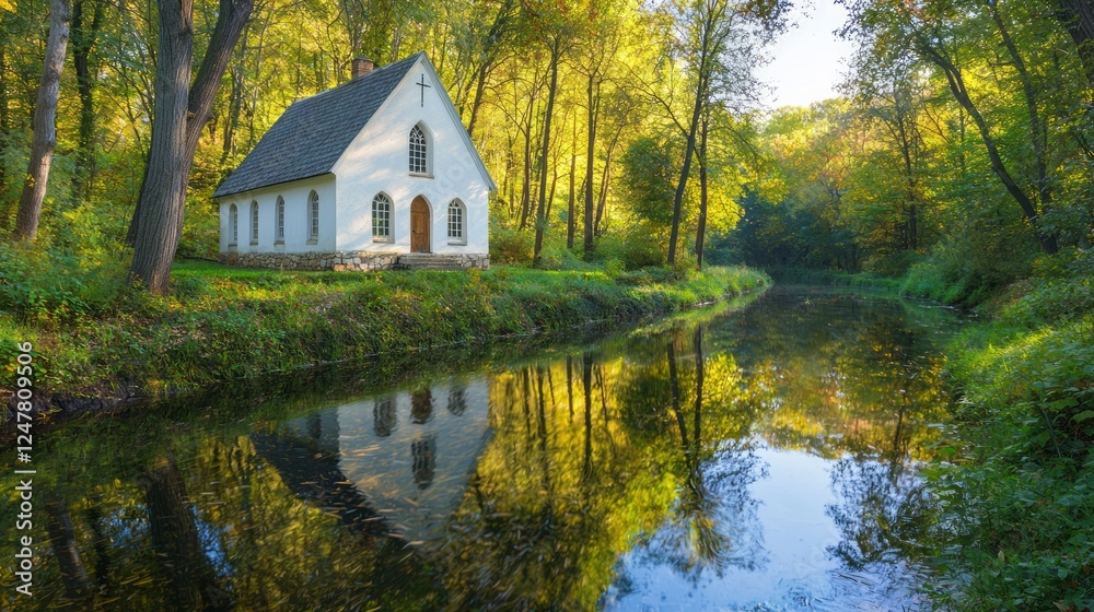 Gentle Stream Passing Centuries-Old Trees in Serene Landscape Gentle Stream Passing Centuries-Old Trees in Serene Landscape