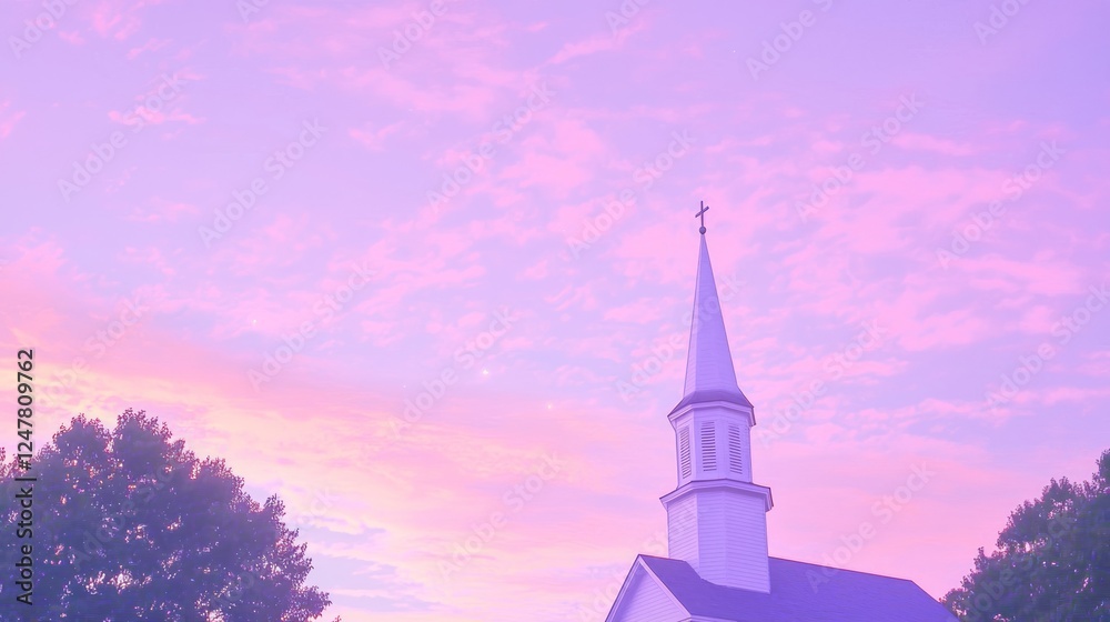 Fototapeta premium Soft Pastel Sky Behind White Steeple at Dusk with Gentle Clouds