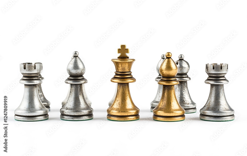 Gold and silver chess pawns on a white background with copy space for text, in a minimalistic style, with focus on the golden king piece in the middle of the picture Gold and silver chess pawns on a white background with copy space for text, in a minimalistic style, with focus on the golden king piece in the middle of the picture