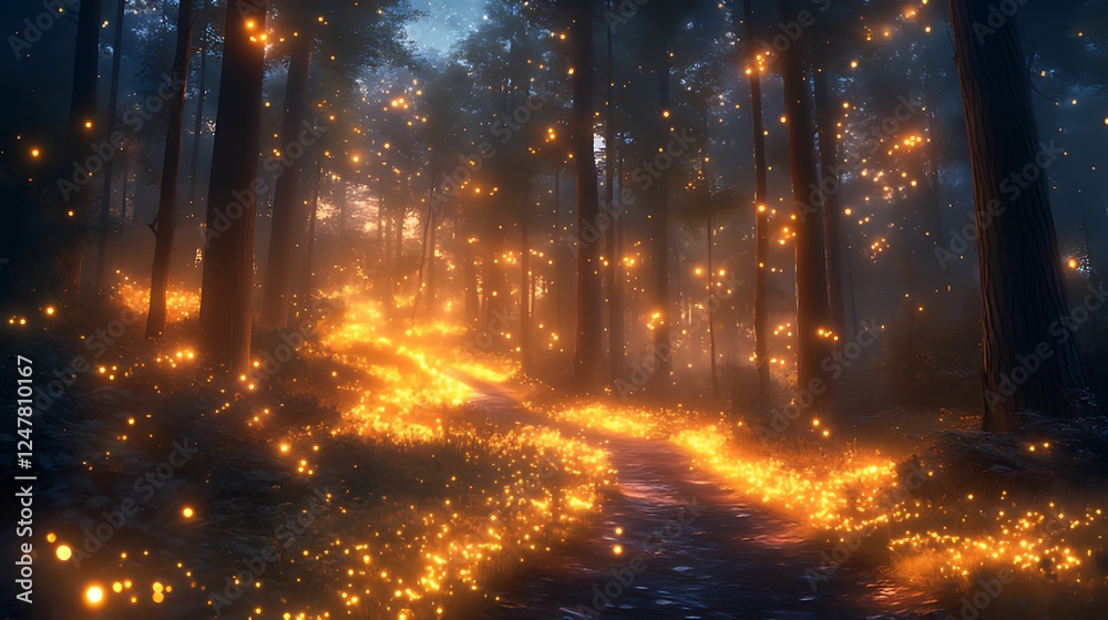 Magical Forest Path Glowing Lights, Dusk, Fantasy, Game Background Magical Forest Path Glowing Lights, Dusk, Fantasy, Game Background