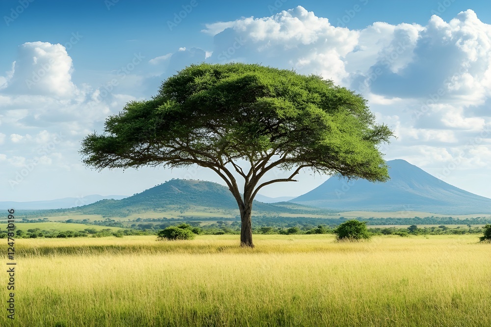 Fototapeta premium The beauty of the savannah, depicting a large tree standing majestically in a vast field, with a backdrop of towering mountains, depicting the harmony of nature