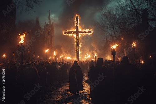 Burning cross, night ritual, church background, historical reenactment photo