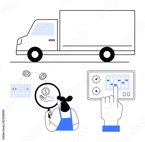 Truck illustration with woman managing financial transactions and hand adjusting control panel knobs. Ideal for logistics, supply chain, transportation, finance, management, technology, operational