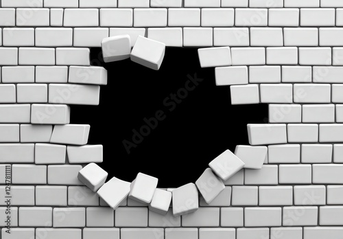 White Brick Wall with Hole Isolated on Black Background Design