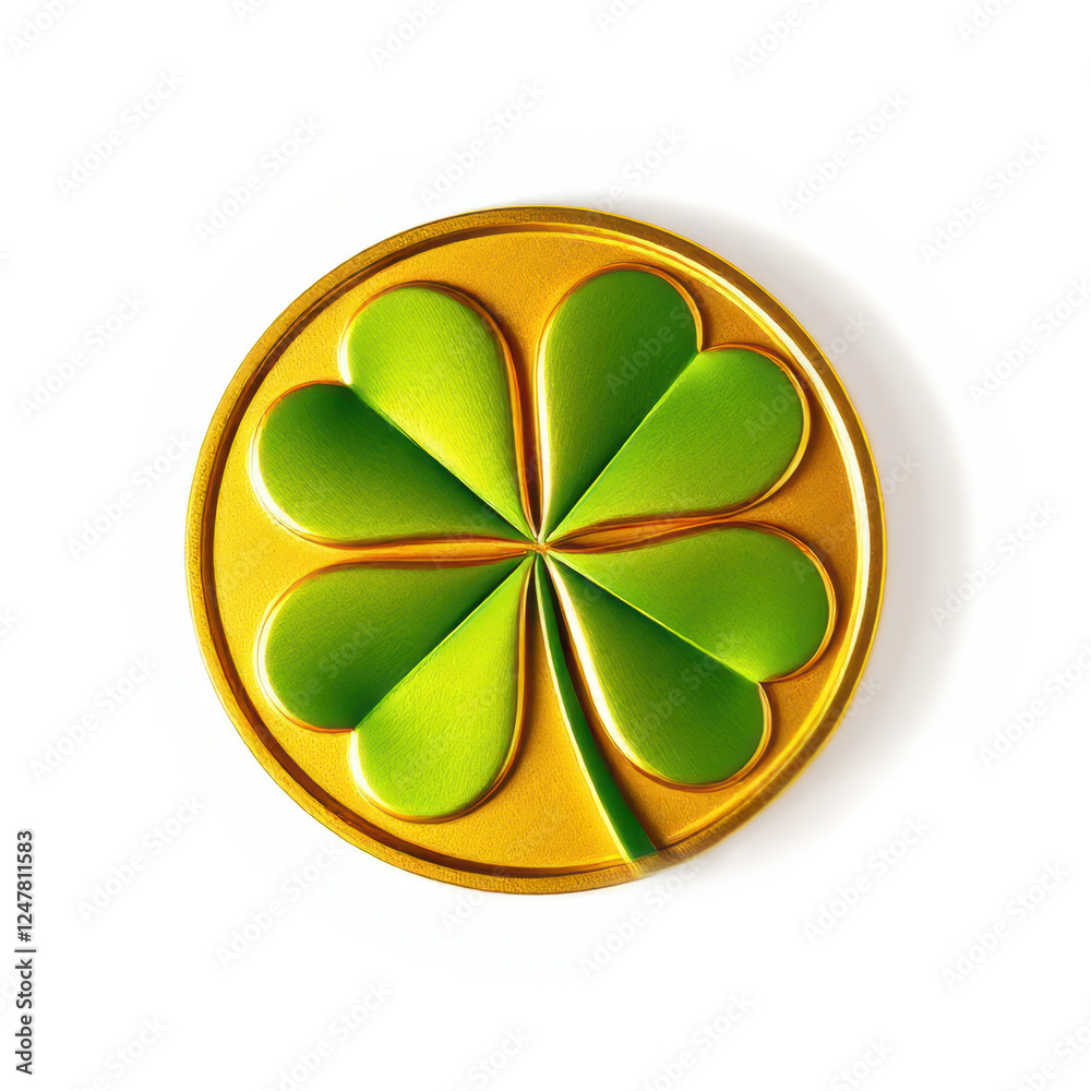 st patricks day gold coin with green four leaf clover on white background st patricks day gold coin with green four leaf clover on white background