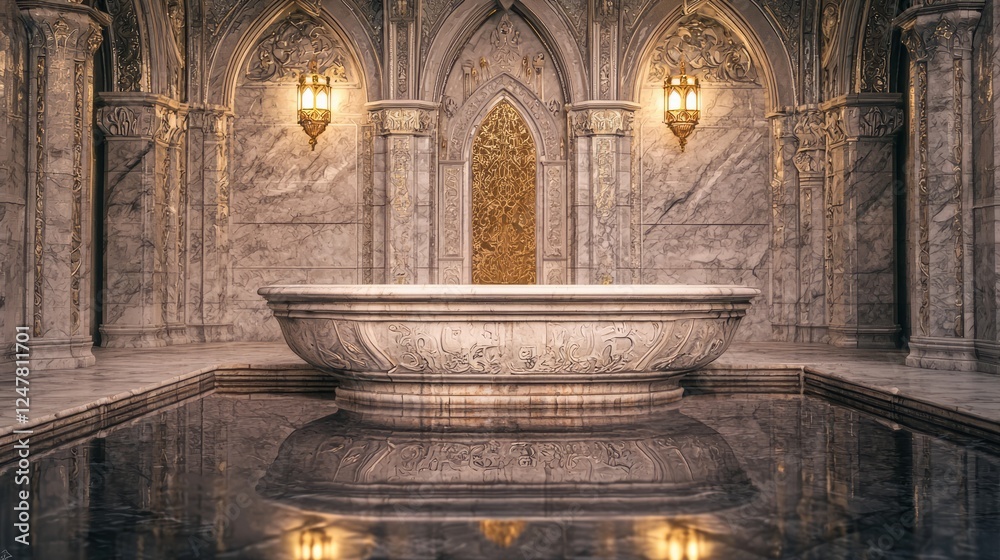 Obraz premium Ornate Carved Baptismal Font in Luxurious Marble Interior