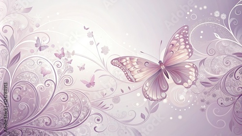 Delicate butterfly motifs in shades of pale pink and lavender with intricate details and swirling patterns, pastel colors, nature-inspired decor, delicate patterns, feminine design