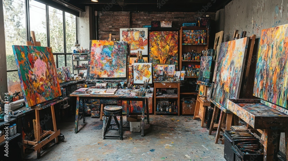 Fototapeta premium Vibrant Artist's Studio: Canvases, Paints, and Creative Chaos in Brightly Lit Room