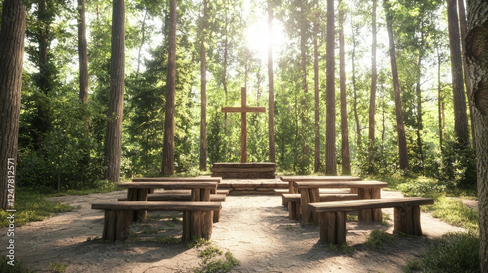 Serene Open-Air Worship Area Surrounded by Tall Trees Serene Open-Air Worship Area Surrounded by Tall Trees