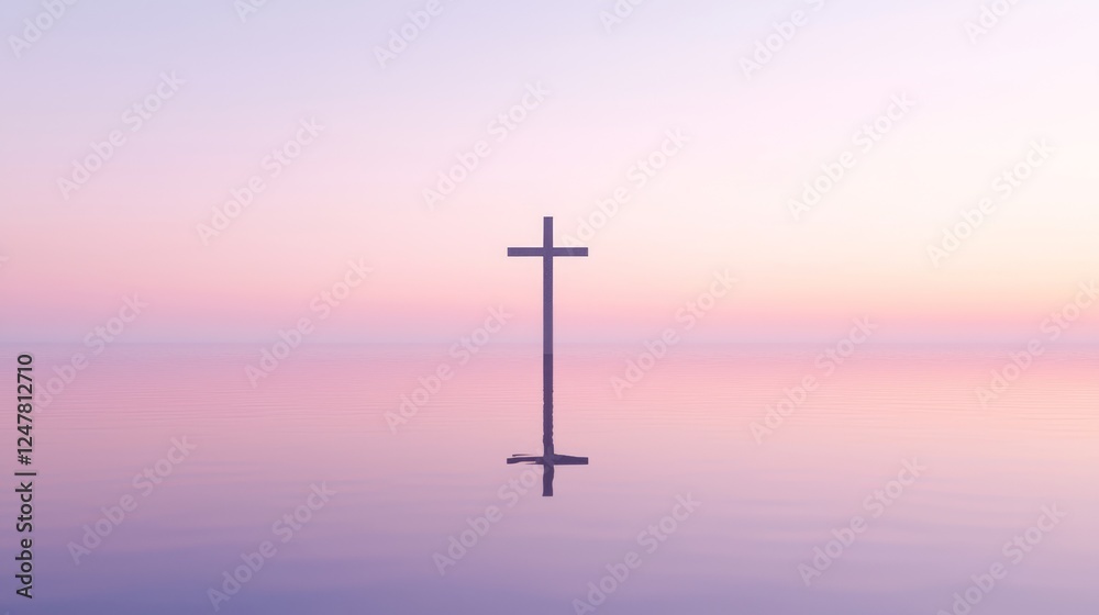 Serene Reflection of Tall Cross on Calm Glassy Water Surface Serene Reflection of Tall Cross on Calm Glassy Water Surface