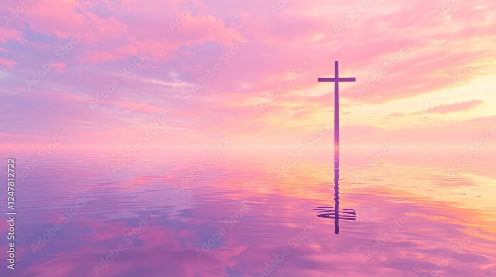 Obraz premium Tall Cross Reflection on Calm Water at Dusk with Colorful Sky
