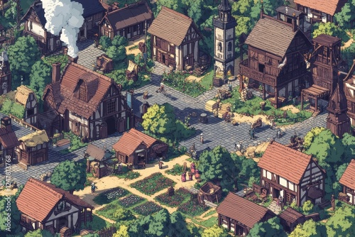 A Charming Medieval Village Scene With Busy Townsfolk photo