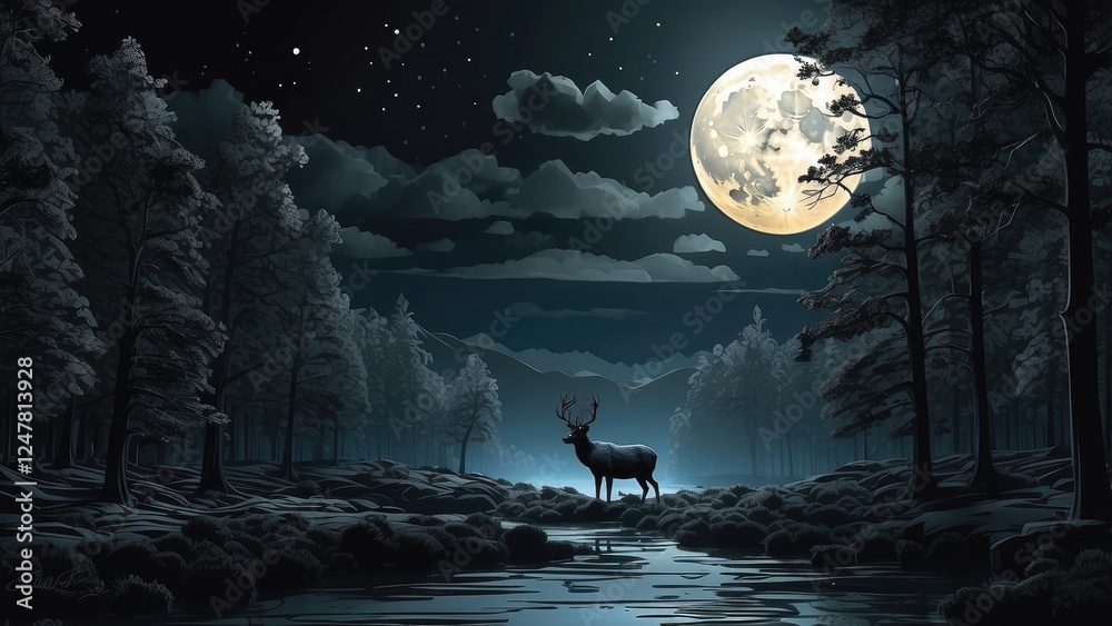 Fototapeta premium Tranquil Wilderness: Deer Among Golden Trees and Moonlit Mountains