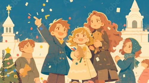 Festive family celebration with falling confetti in a winter landscape photo