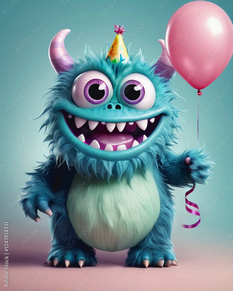 Fototapeta premium Little smiling blue monster with birthday balloon, digital art, 3D animation, celebration, design, illustration.