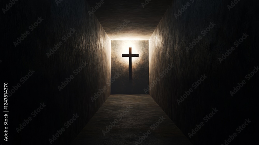Obraz premium Dimly Lit Crypt Hallway with a Single Cross Illuminating Space