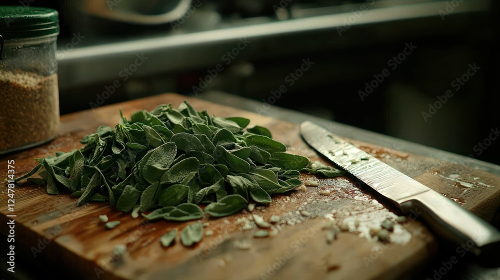 Fresh sage leaves prepared on wooden board in kitchen Fresh sage leaves prepared on wooden board in kitchen