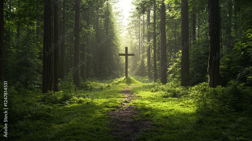 Fototapeta premium Serene Footpath Meandering Through Vibrant Green Forest Landscape
