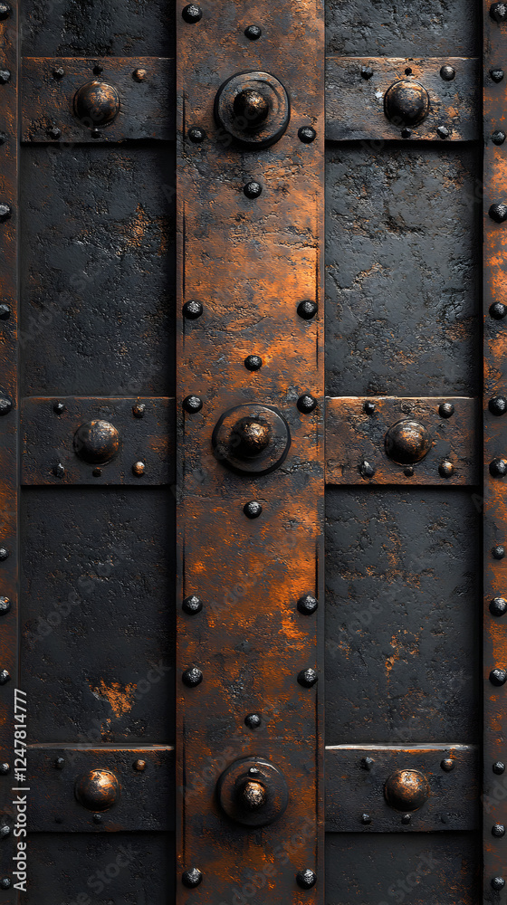 Antique Rusty Metal Door with Ornate Design and Textured Background Antique Rusty Metal Door with Ornate Design and Textured Background