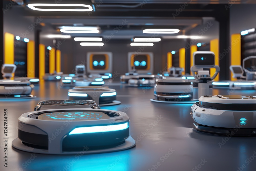 Swarm intelligence guides autonomous robots in a futuristic hub, coordinating efficient drop-off operations. Swarm intelligence guides autonomous robots in a futuristic hub, coordinating efficient drop-off operations.