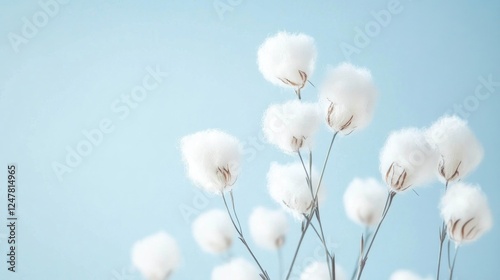 Soft Cotton Flowers Against Light Blue Background. Possible use Desktop wallpaper, social media post