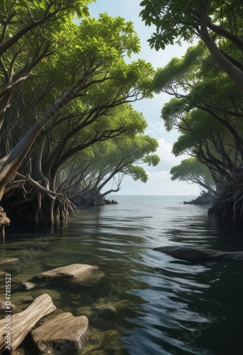 Dense mangrove forests meet the sea in a unique Bornean coastline ecosystem, wildlife, Borneo, wetland