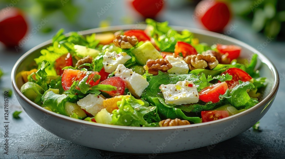 Fresh salad with feta, tomatoes, and walnuts. Healthy food recipe Fresh salad with feta, tomatoes, and walnuts. Healthy food recipe