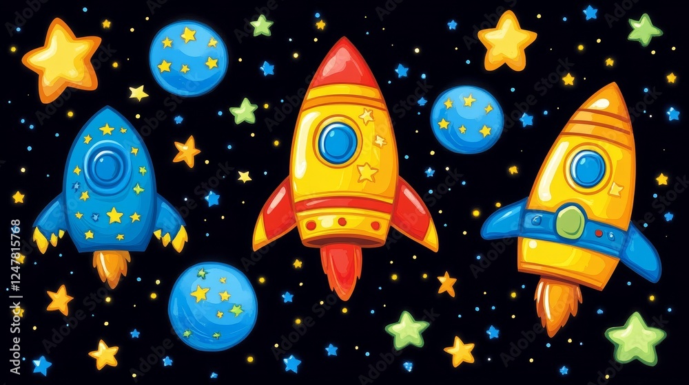 Naklejka premium Whimsical Rocketship Adventure in a Starry Galaxy Cosmic Exploration for Kids Bright Colorful Spacecraft