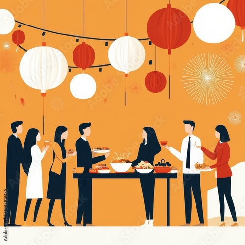 Elegant Celebration Gathering with Diverse People Enjoying Festive Food and Decorations in a Vibrant Atmosphere