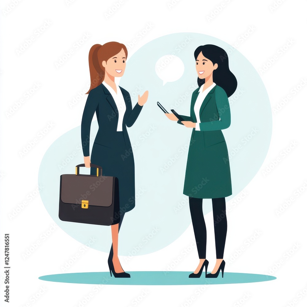 Two Professional Women Engaging in Conversation with Business Attire and Accessories in a Modern Office Setting Two Professional Women Engaging in Conversation with Business Attire and Accessories in a Modern Office Setting