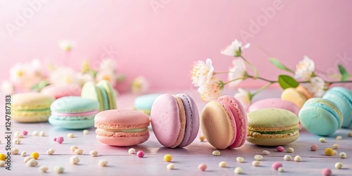 Delightful Pastel Macarons with Delicate Spring Blossoms on a Soft Pink Background