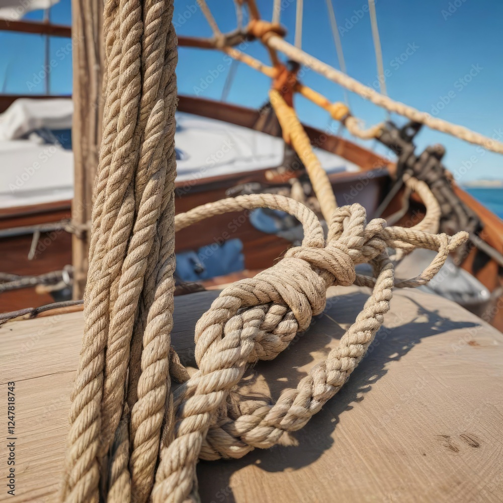 Detailed view of rope and wire on sailing boat with cow hitch, nautical, rope Detailed view of rope and wire on sailing boat with cow hitch, nautical, rope