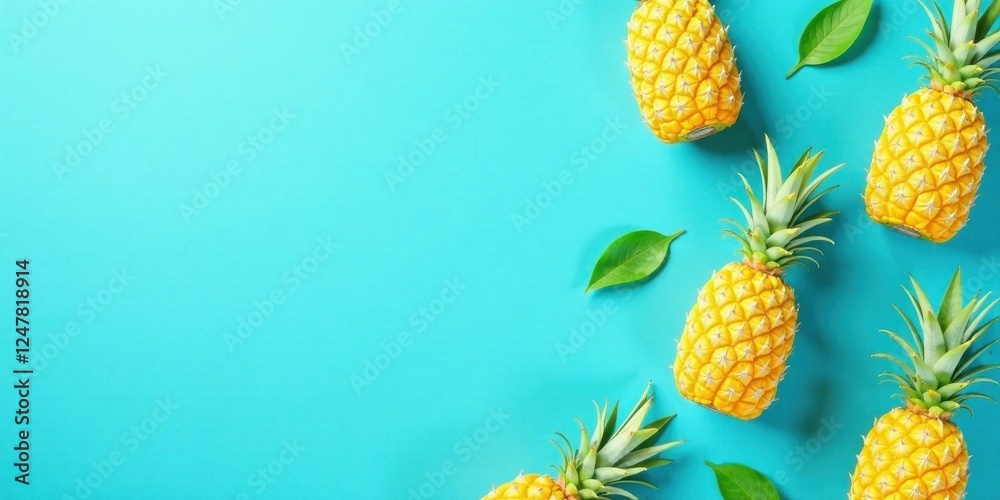 Obraz premium Vibrant Yellow Pineapples Arranged on a Turquoise Background with Lush Green Leaves A Summer Fruit Delight