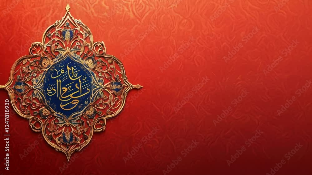 Intricate Islamic Calligraphy Art: A Golden and Blue Masterpiece on Red Background Intricate Islamic Calligraphy Art: A Golden and Blue Masterpiece on Red Background