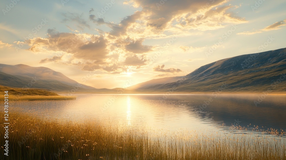 Serene sunset over calm lake in mountain valley. Serene sunset over calm lake in mountain valley.