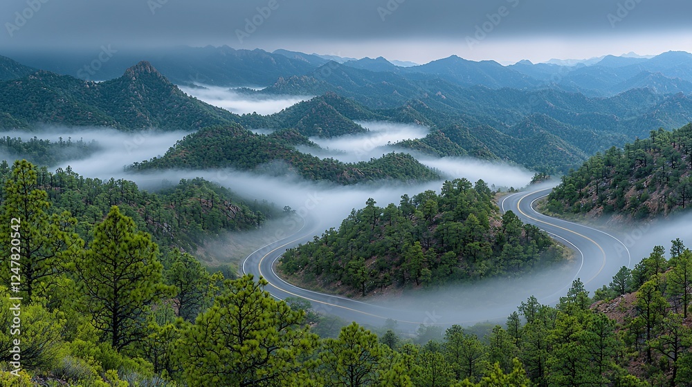 Fototapeta premium Mountain Road Winding Through Misty Valley