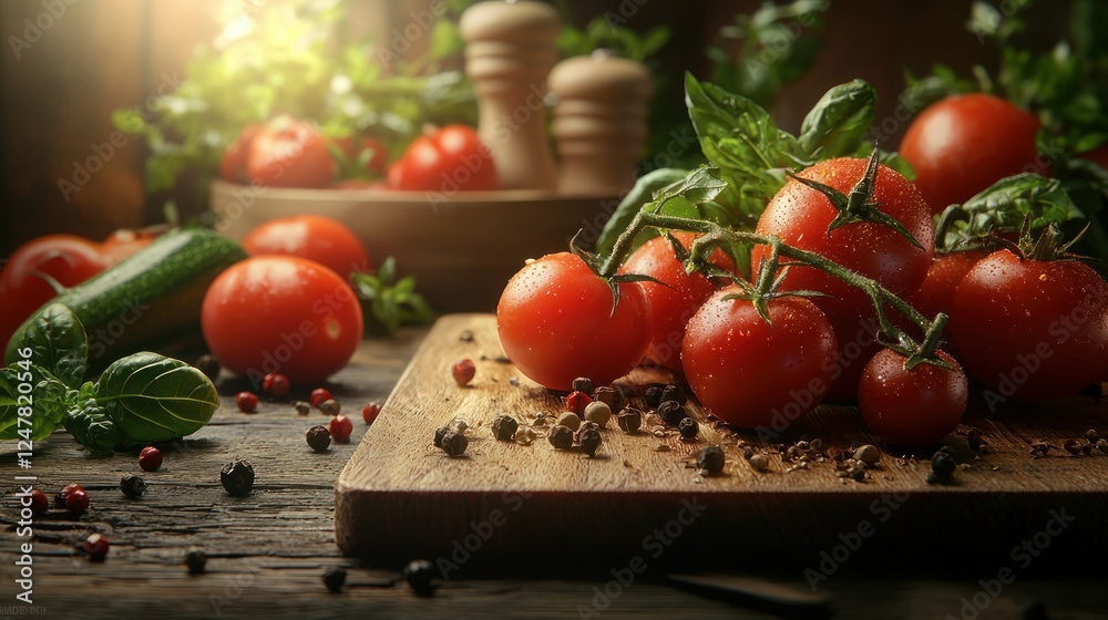 Fresh tomatoes, herbs, and spices on rustic wood. Food preparation Fresh tomatoes, herbs, and spices on rustic wood. Food preparation