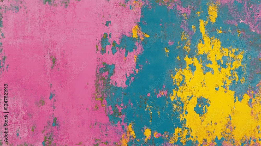 Vibrant Abstract Texture with Distressed Pink, Teal, and Yellow Paint Vibrant Abstract Texture with Distressed Pink, Teal, and Yellow Paint
