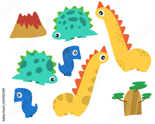 Set of cartoon cute dinosaurs vector. Illustration for children with animal character