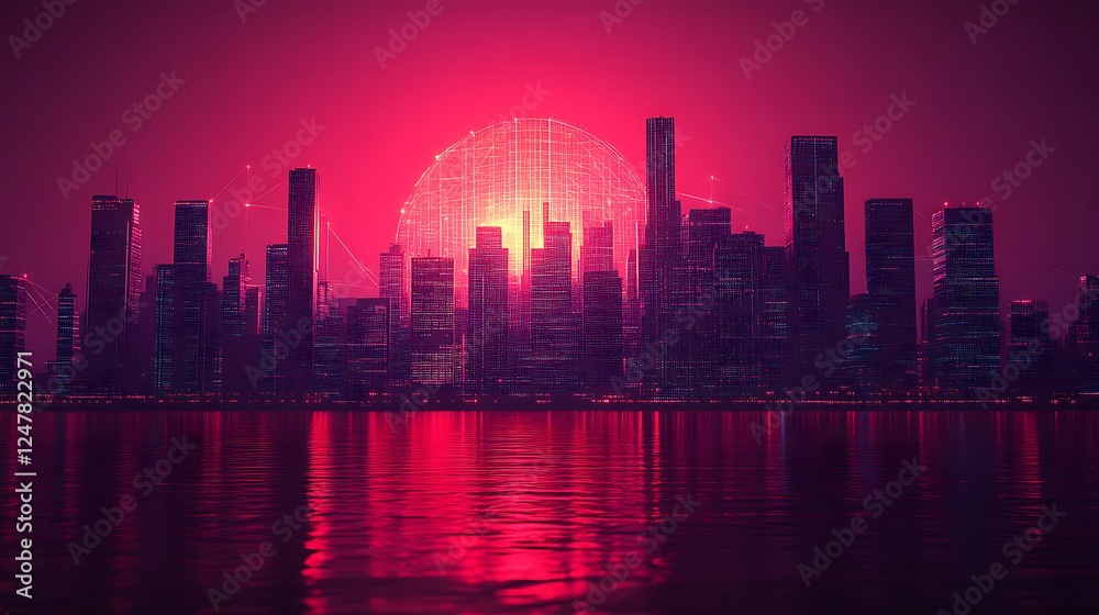 Naklejka premium Neon Cityscape Illuminated by a Digital Globe at Sunset
